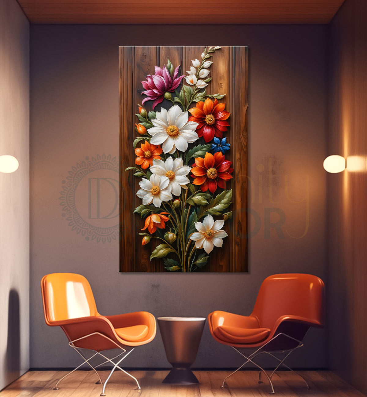 Colourful flowers in brown textured background painting - Flower-V-43