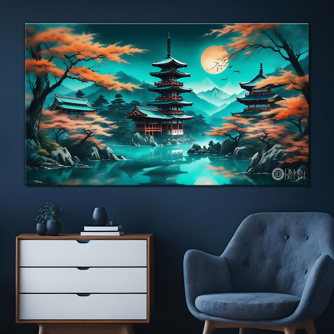 Japanese temple with orange trees in aqua green background in textured natural art Canvas Painting - Nature Art -44