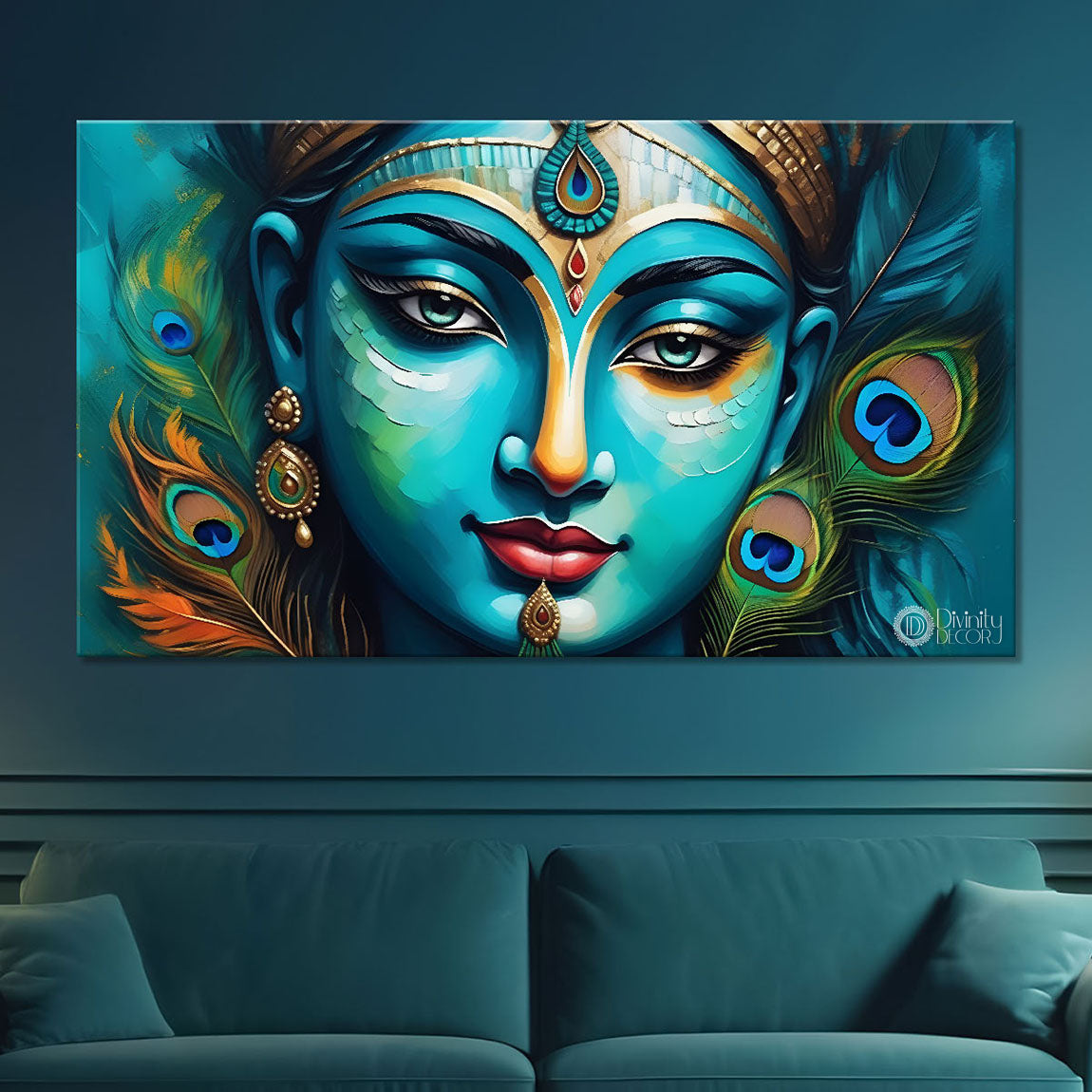 Krishna face painting in blue texture with peacock feather background Canvas Painting - Design - Krishna-45