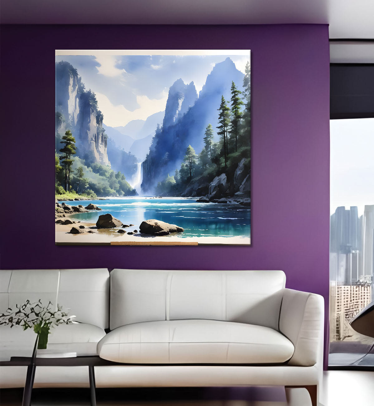 Mountains with river and greenery painting Canvas Painting 24X24- Nature Art -S-45