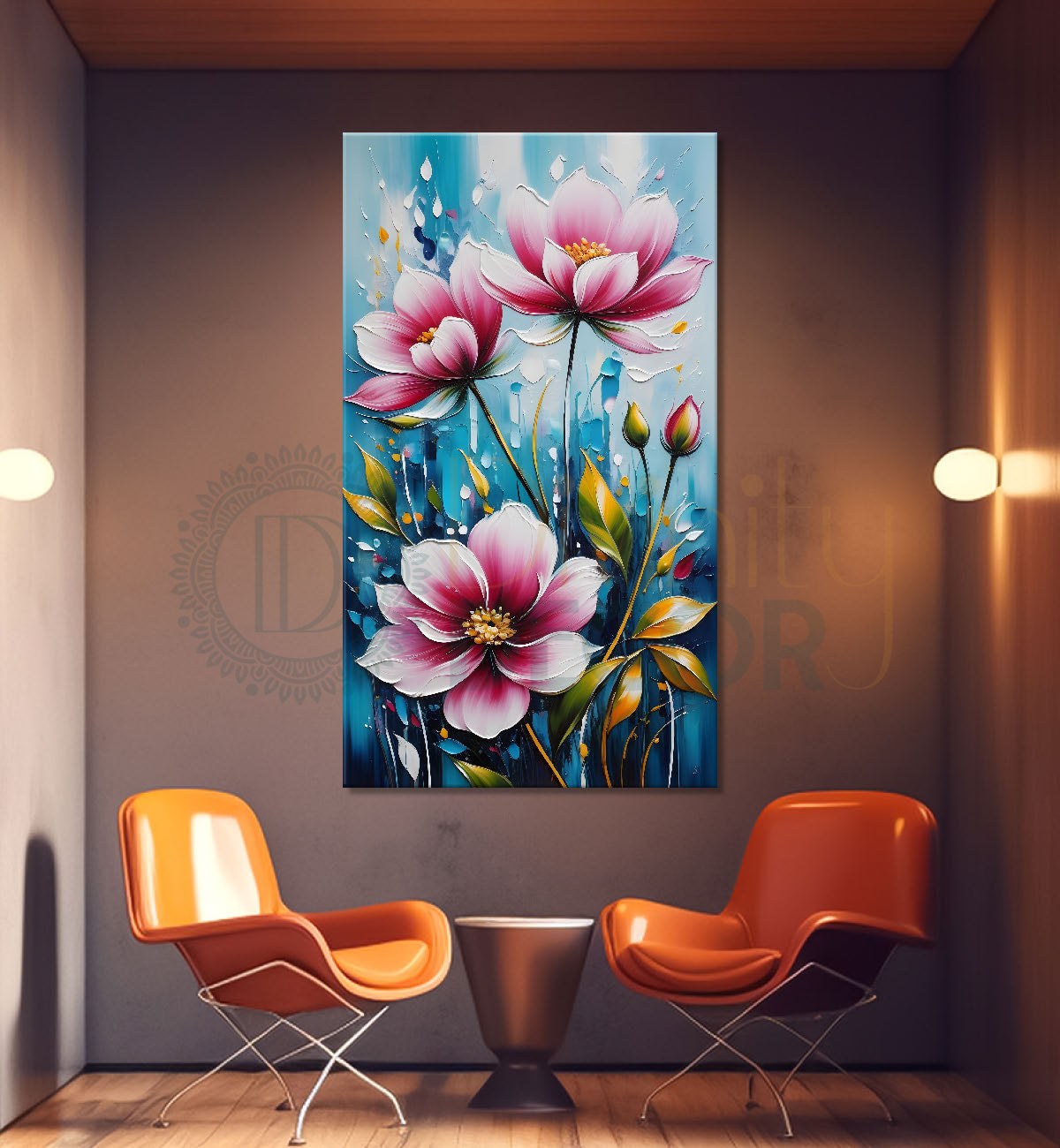 Pink flowers in blue textured background painting - Flower-V-45