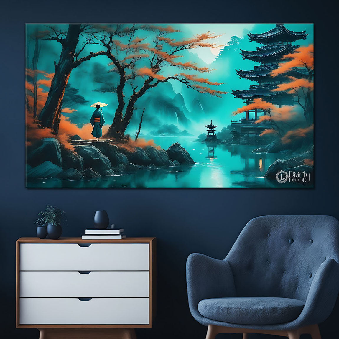 Japanese girl with umbrella and orange trees, lake in aqua green textured natural art Canvas Painting - Nature Art -45