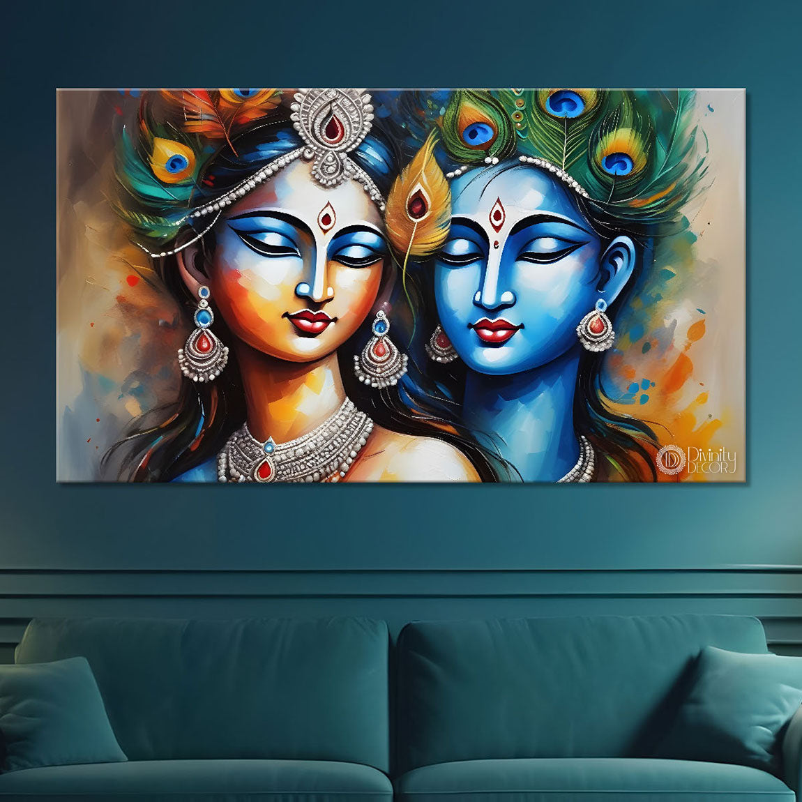 Blue face Krishna and Radha in peacock feather crowns textured painting Canvas Painting - Design - Krishna-46