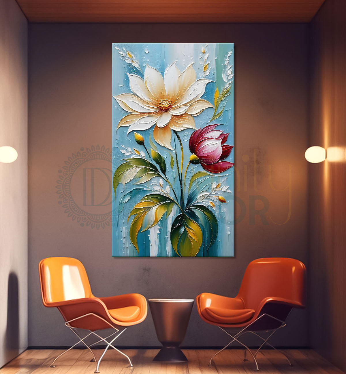 Pink and white flowers in blue textured background painting - Flower-V-46