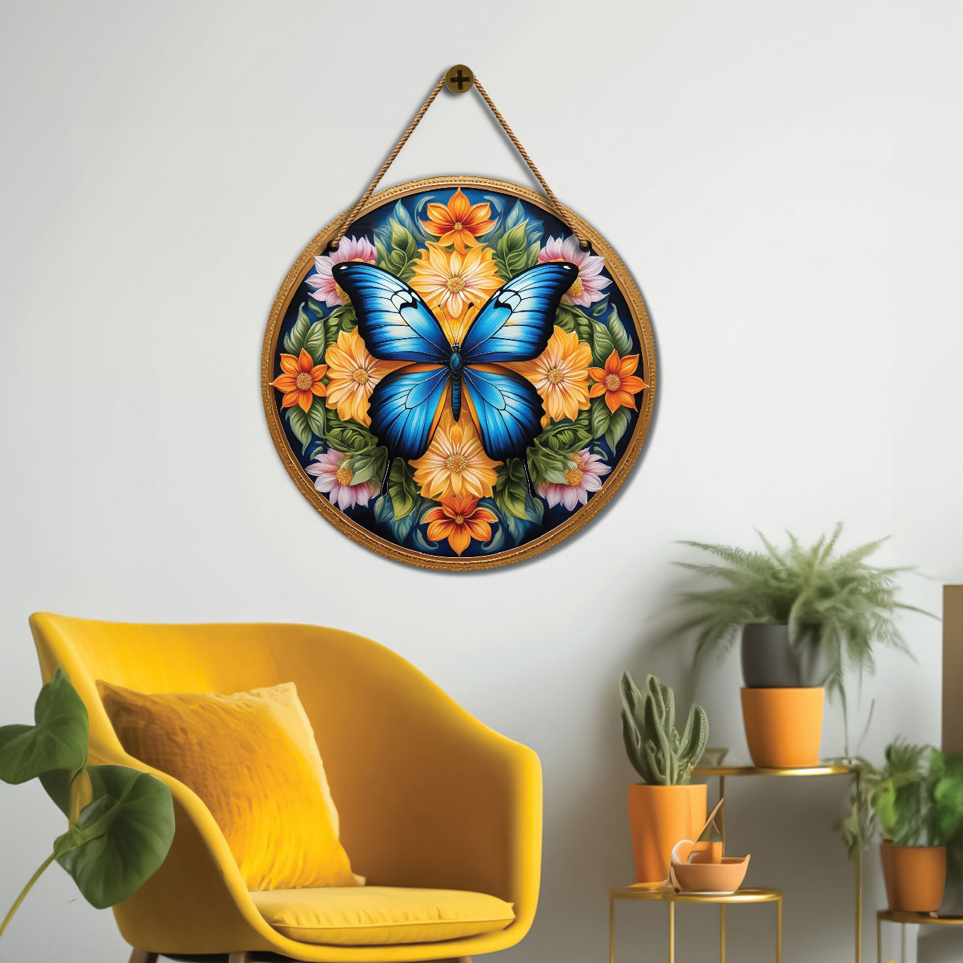 Blue Butterfly in floral and black mandala Round Wooden Wall Hanging for wall Décor - Design - 46