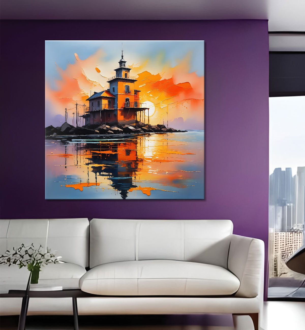 House in the river with sunset painting Canvas Painting 24X24- Nature Art -S-46