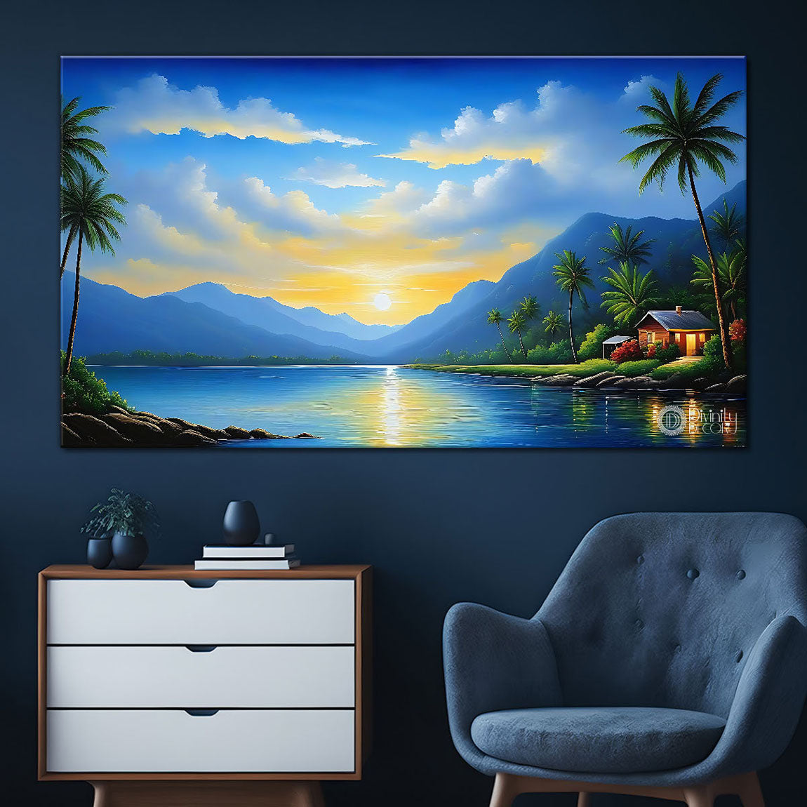 Mountains with lake and trees in sunrise textured natural art Canvas Painting - Nature Art -46