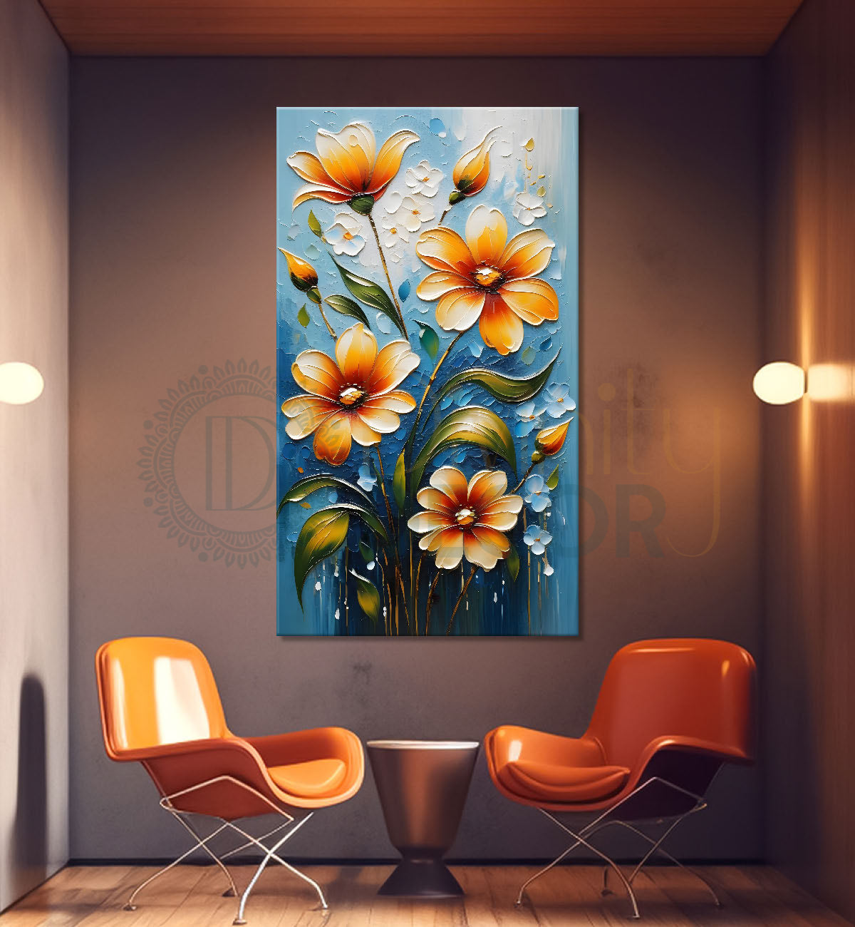 Orange flowers in blue textured background painting- Flower-V-47