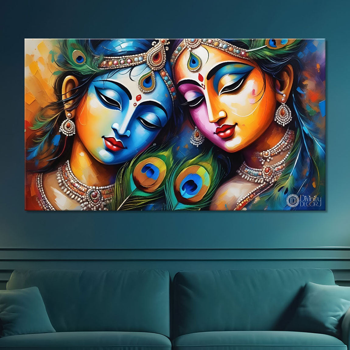 Radha and Krishna face in colors with peacock feathers textured painting Canvas Painting - Design - Krishna-48