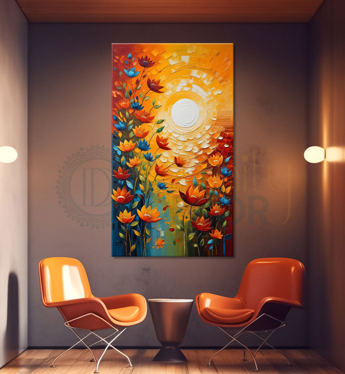 Orange flowers with sunrise textured painting - Flower-V-48