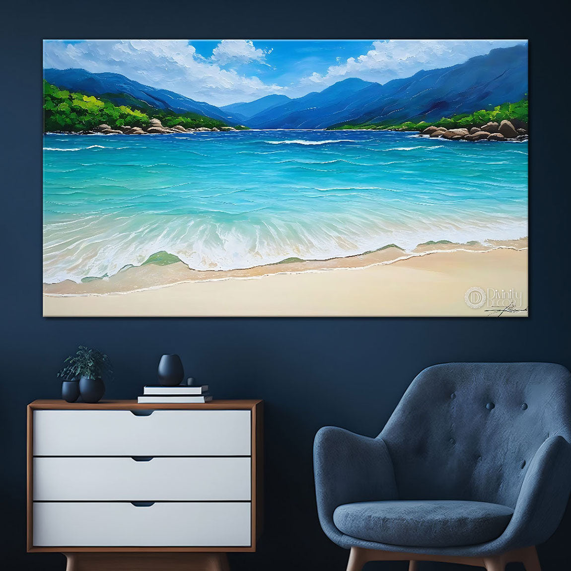 Beach and sea with mountains in textured natural art Canvas Painting - Nature Art -48