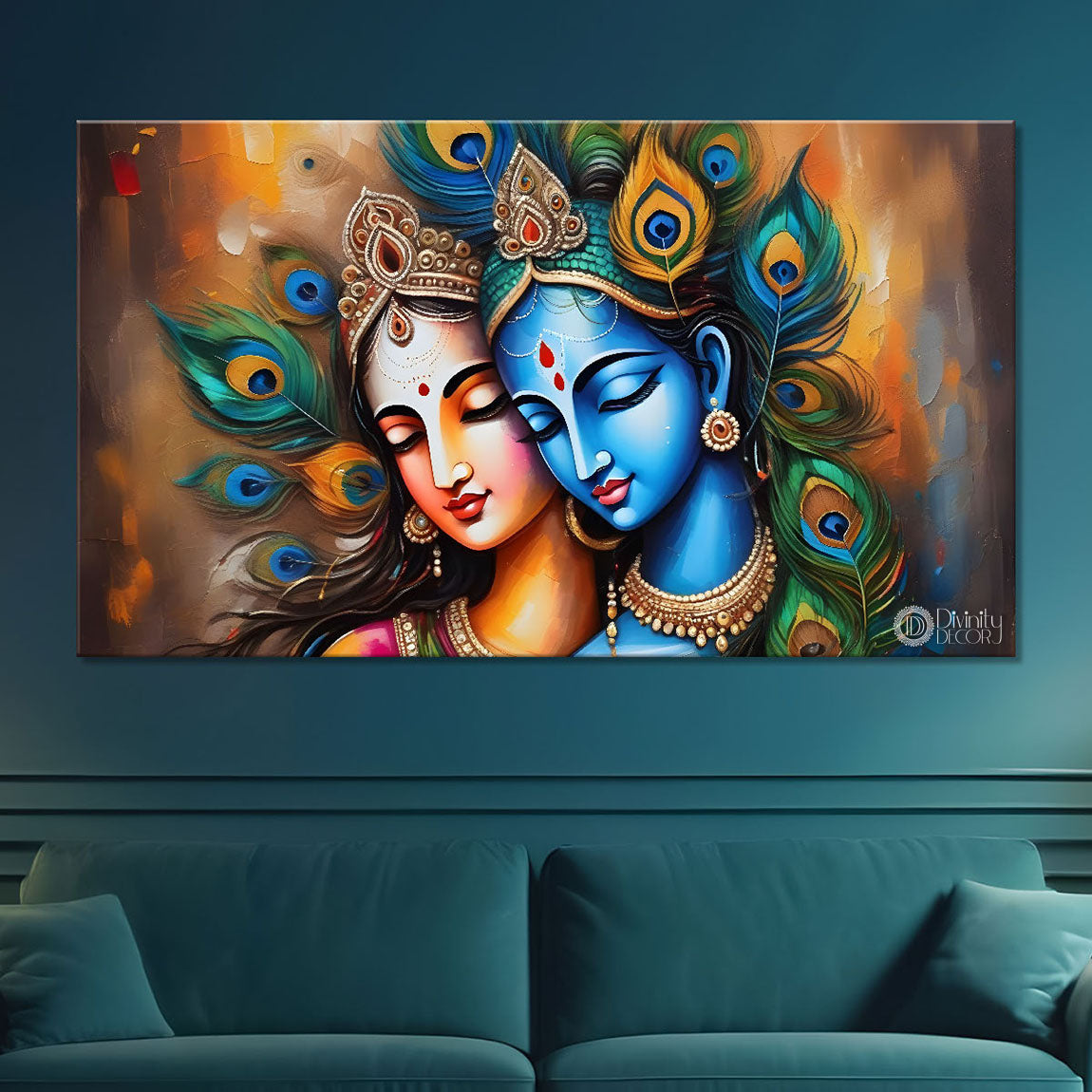 Radha and Krishna face in colors with peacock feathers textured painting Canvas Painting - Design - Krishna-49