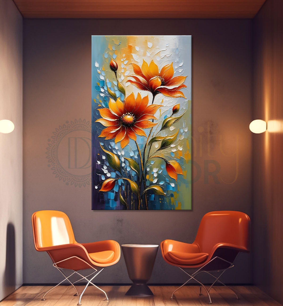 Orange flowers in blue textured background painting - Flower-V-49