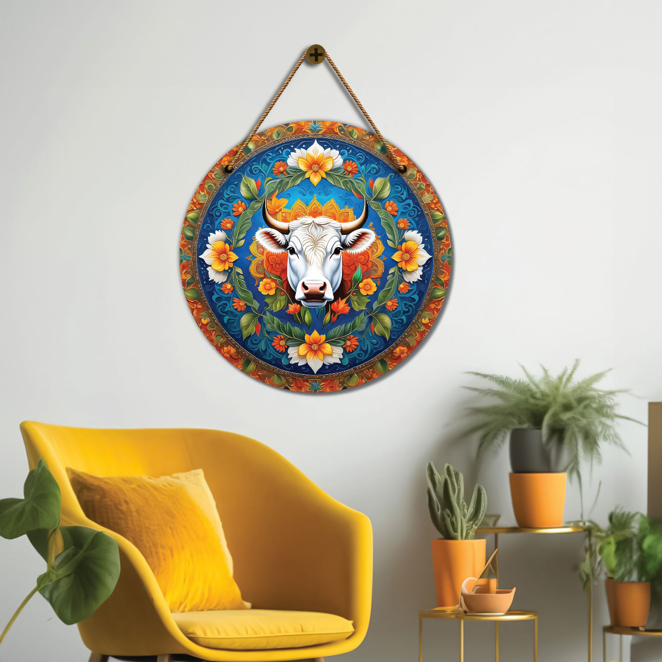 Cow in blue and orange mandala Round Wooden Wall Hanging for wall Décor - Design - 49