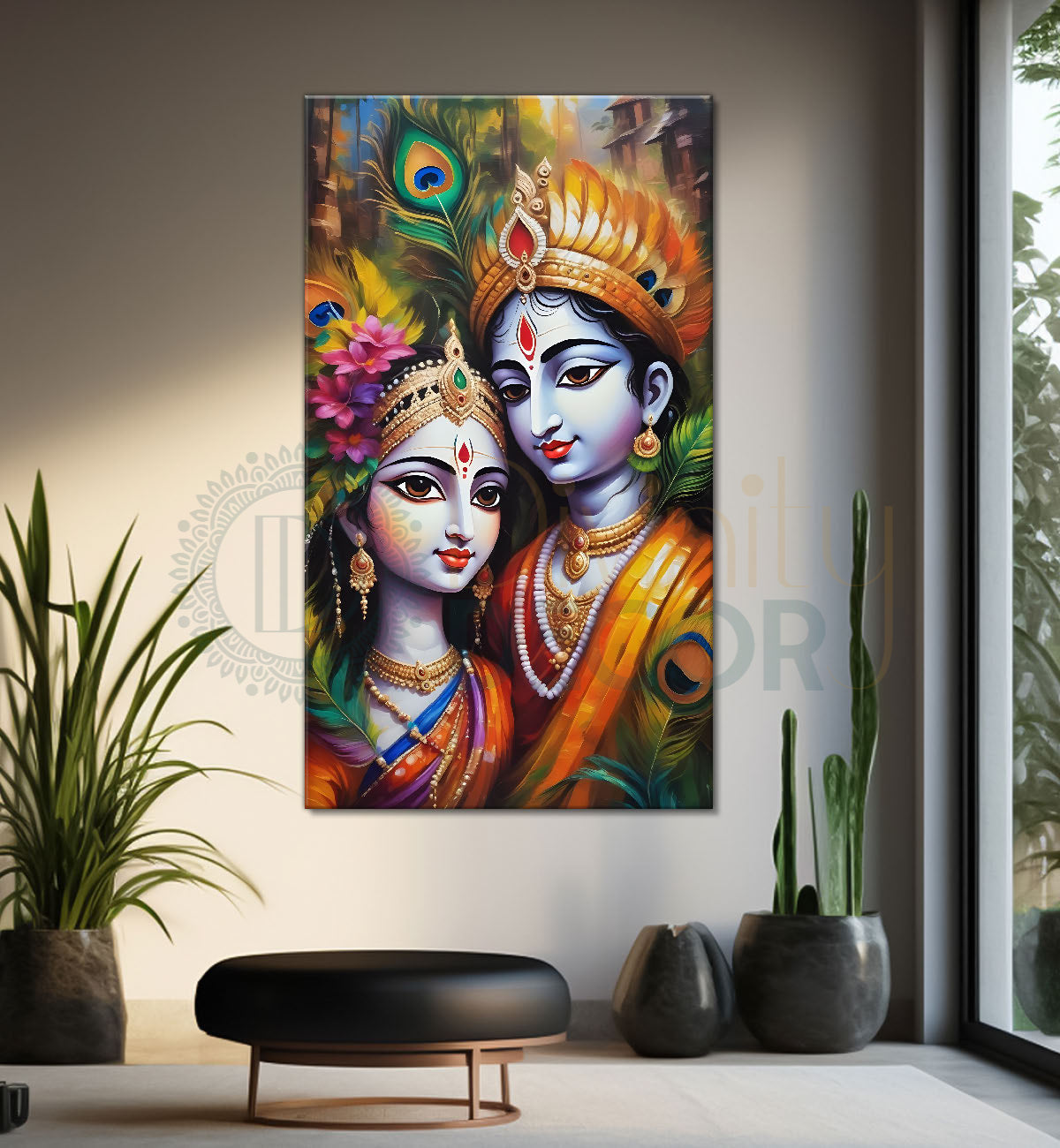 Blue face of krishna with radha in colourful background textured art Canvas Painting - Design - Krishna-V-4