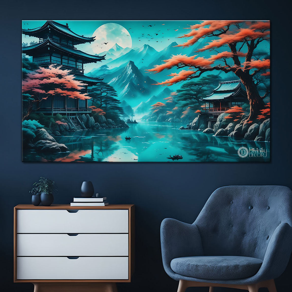 Orange trees with lake in aqua green textured painting Canvas Painting - Nature Art -50