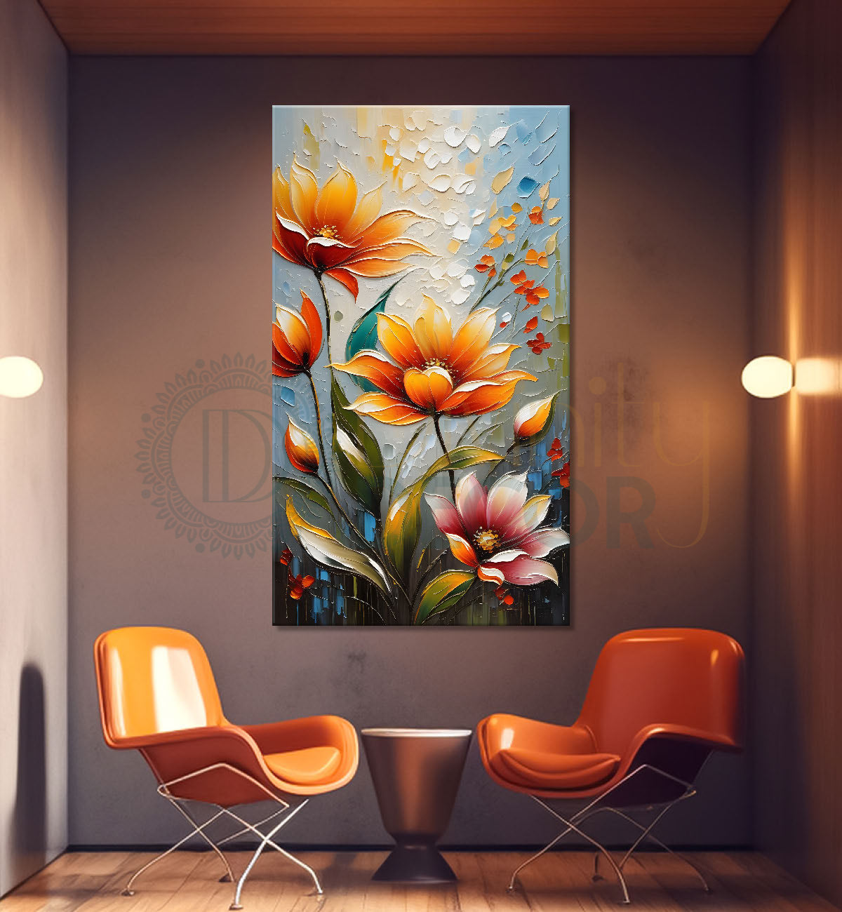 Orange flowers in blue textured background painting - Flower-V-50