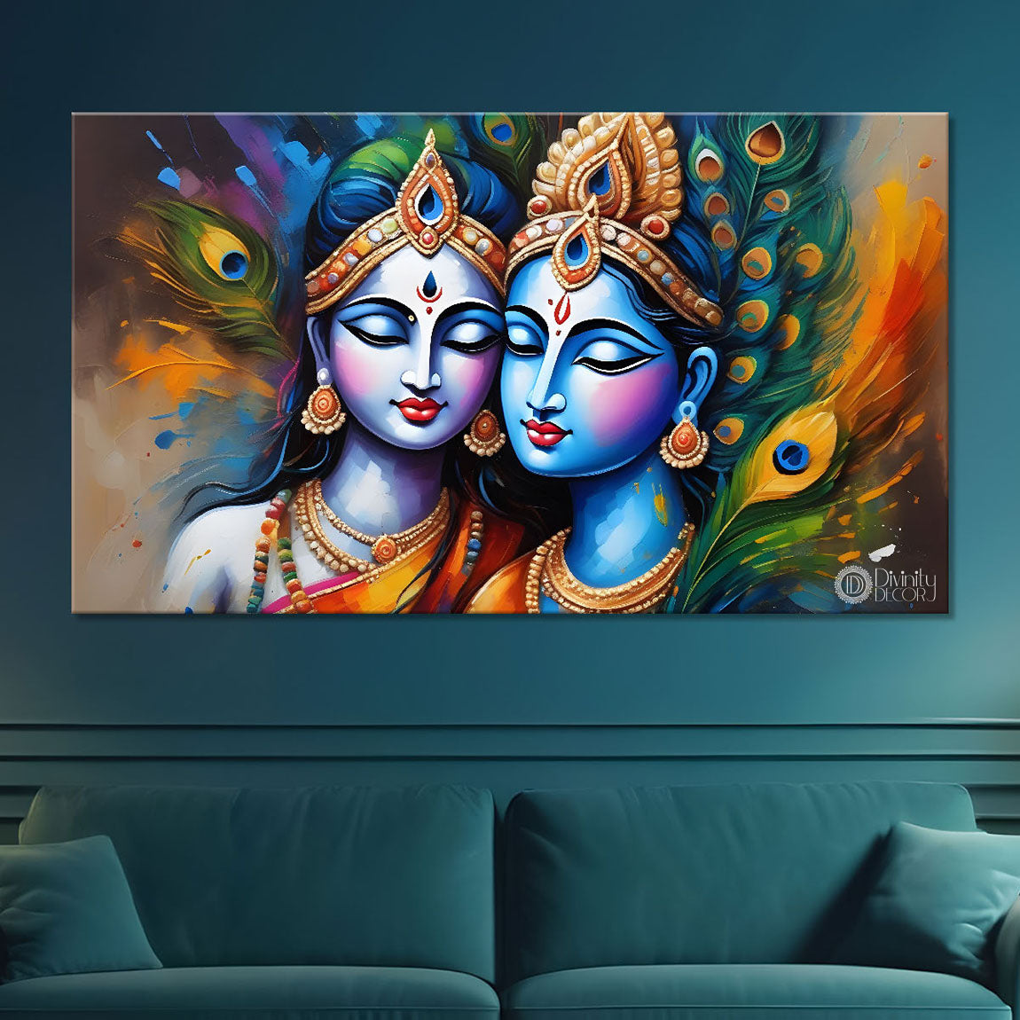 Blue face Krishna and Radha with peacock feathers painting Canvas Painting - Design - Krishna-51