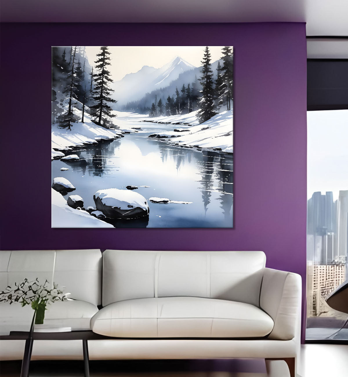 Mountains with trees and river with clouds water colour painting Canvas Painting 24X24 - Nature Art -S-51