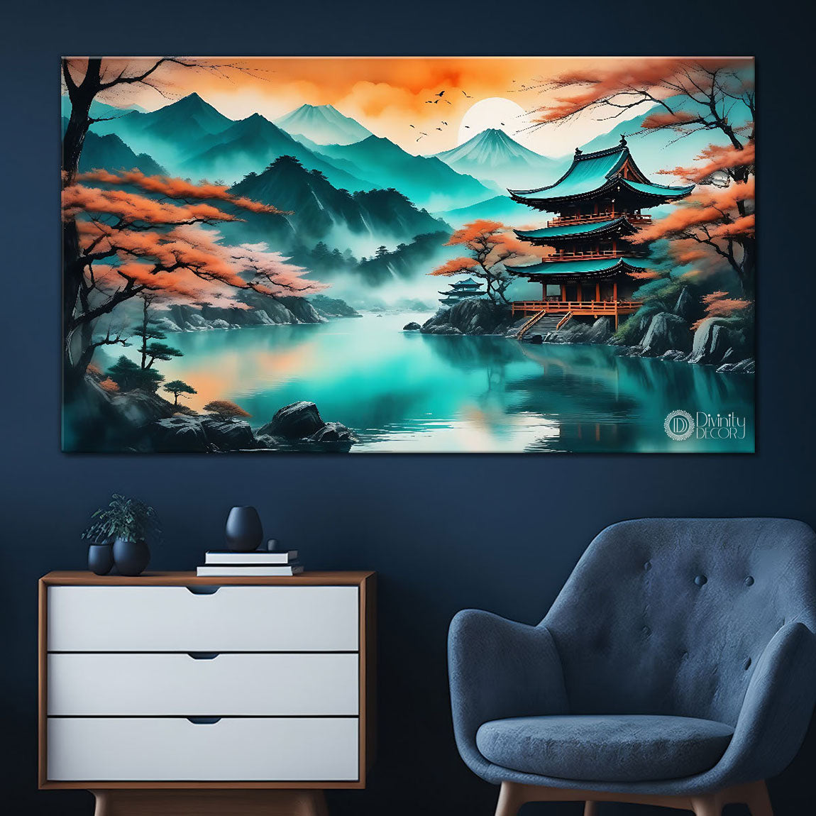 Mountains with Japanese house and lake in aqua textured painting Canvas Painting - Nature Art -51