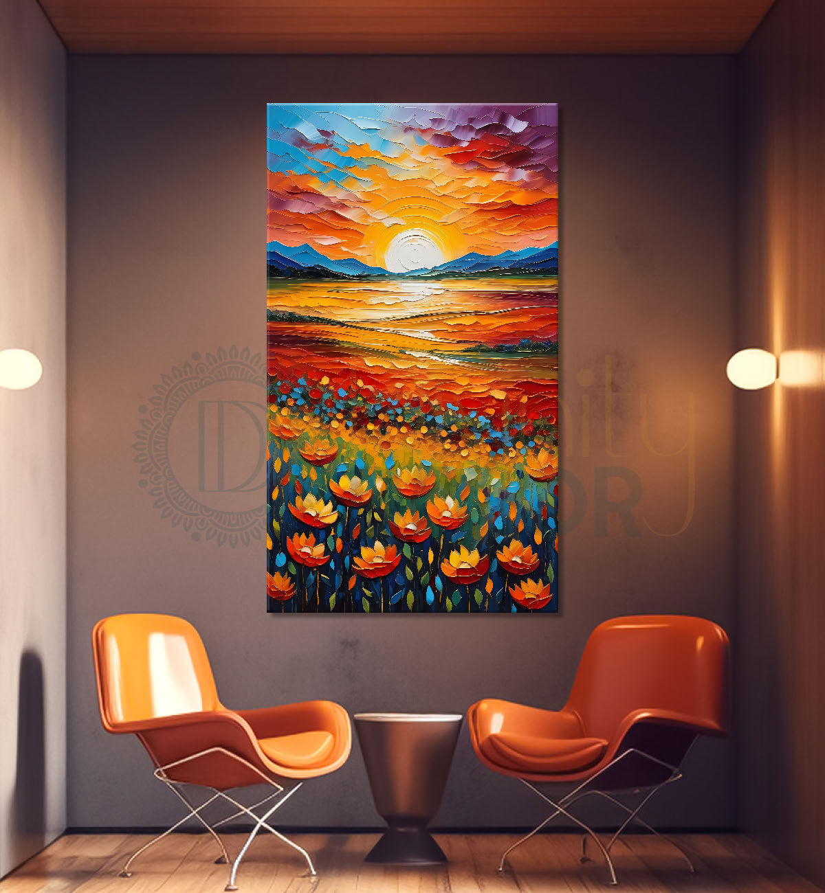 Orange flowers with sunrise textured painting - Flower-V-51