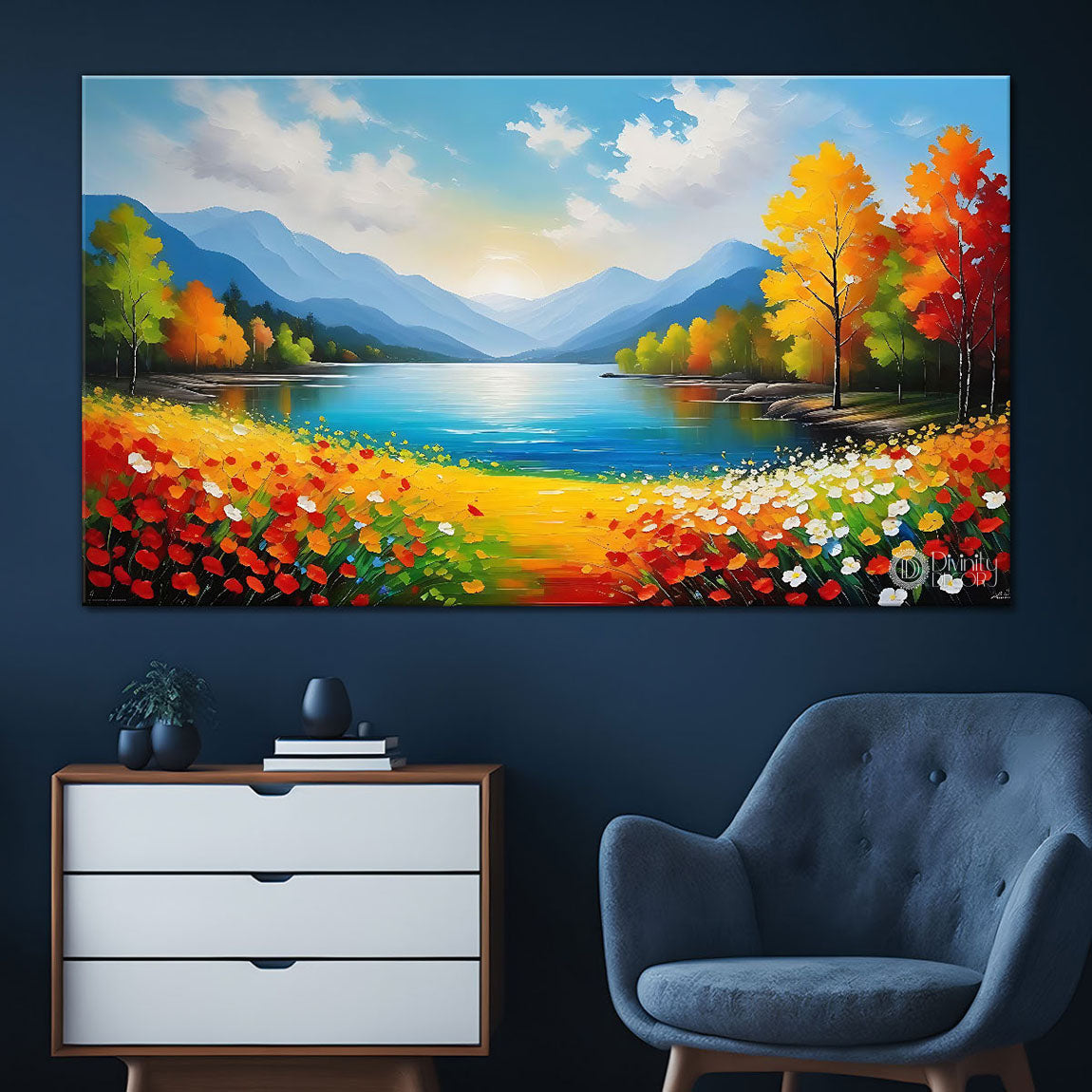 Mountains with colorful trees, flowers and lake in textured natural scenery art Canvas Painting - Nature Art -52