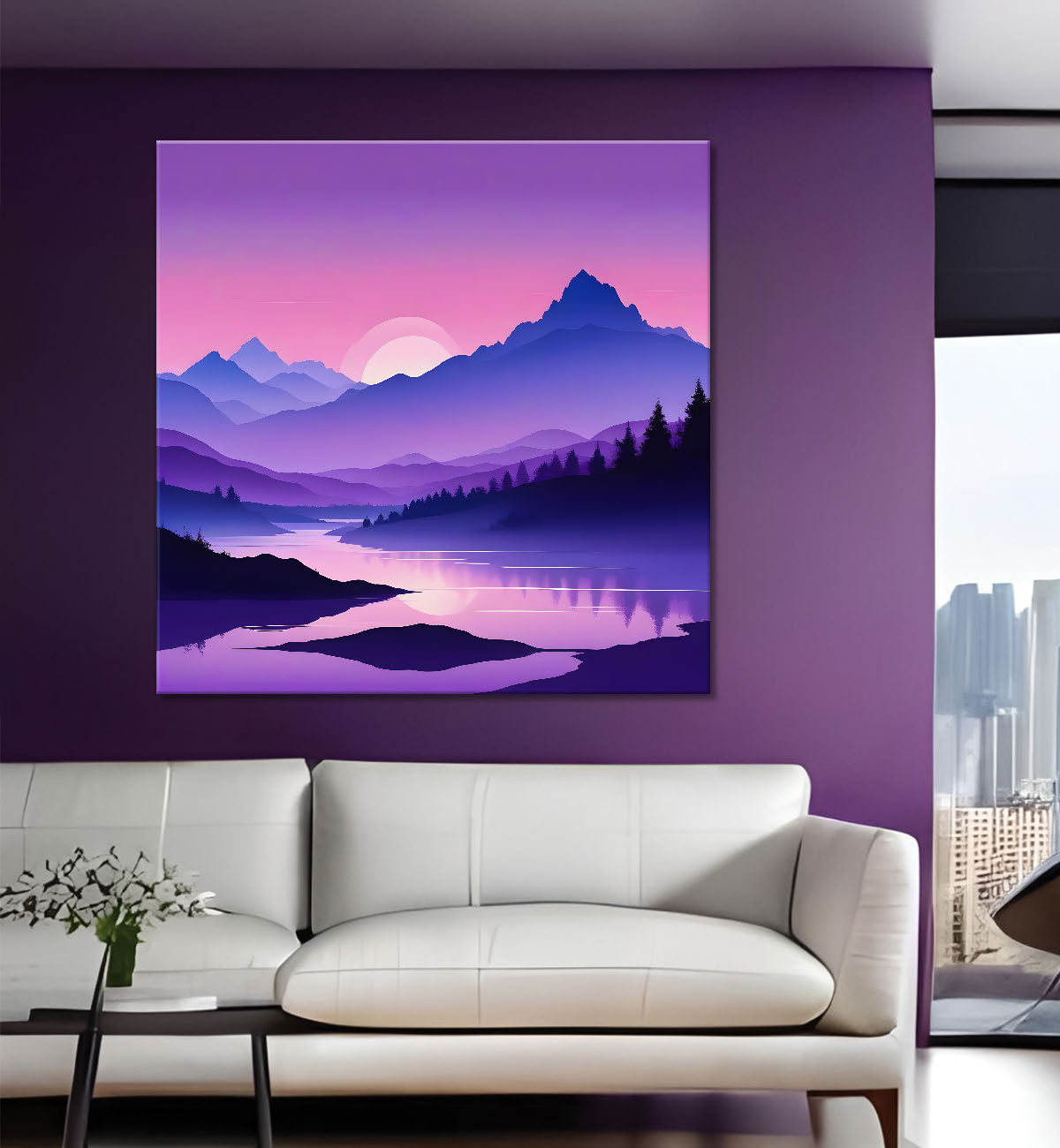Mountains with sunset in purple textured painting Canvas Painting 24X24- Nature Art -S-52