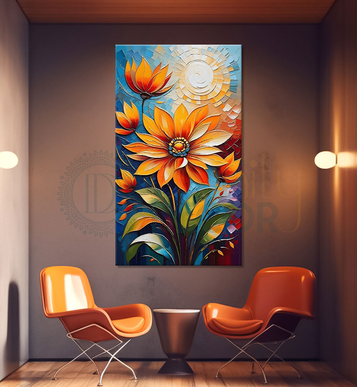 Orange flowers in blue textured background painting - Flower-V-52