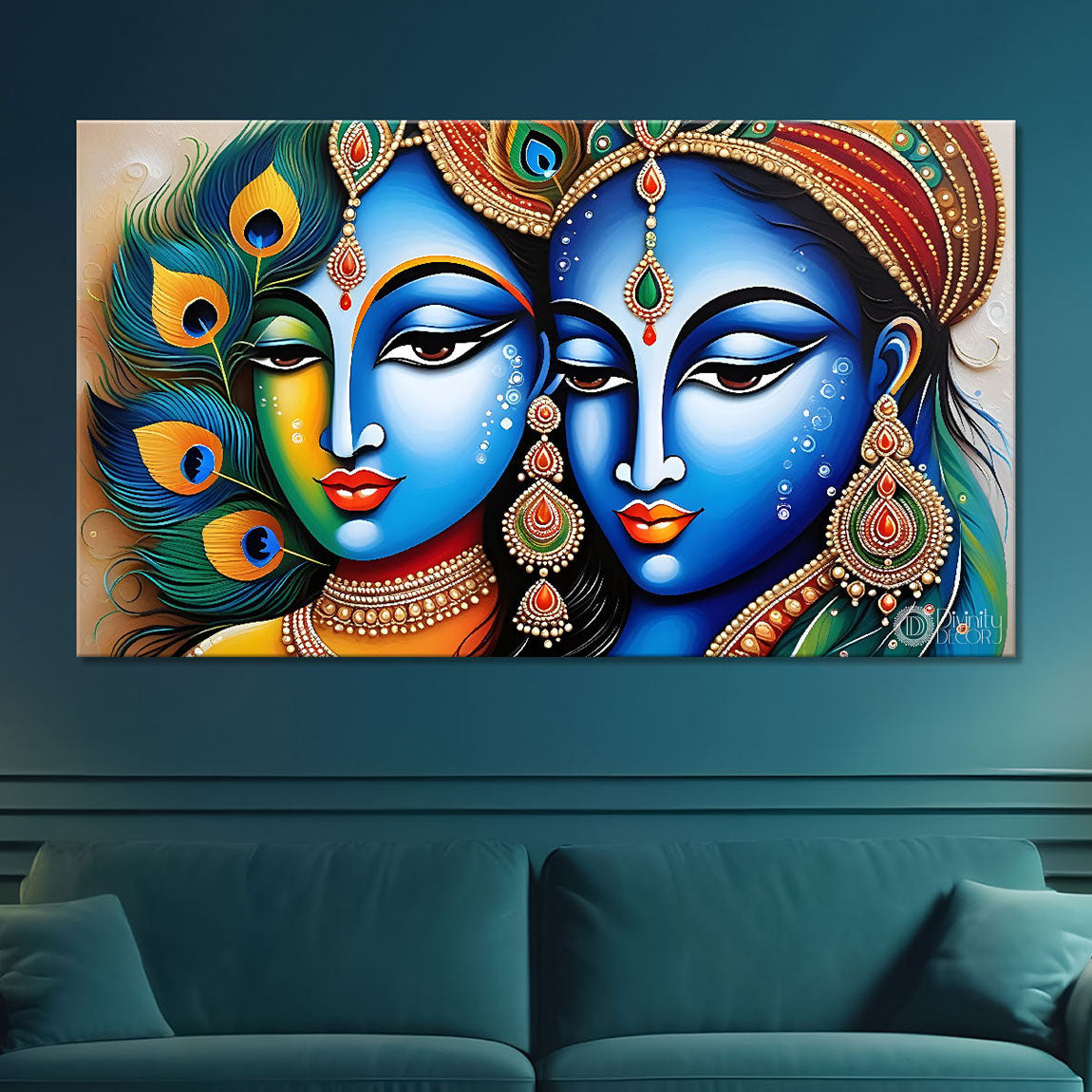 Blue face Krishna and Radha with peacock feathers painting Canvas Painting - Design - Krishna-53