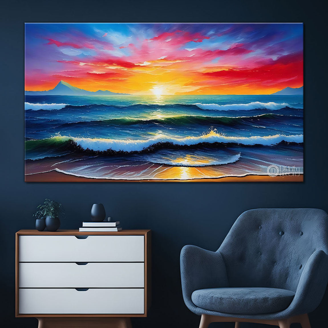 Sea with colorful sky in textured natural art Canvas Painting - Nature Art -53