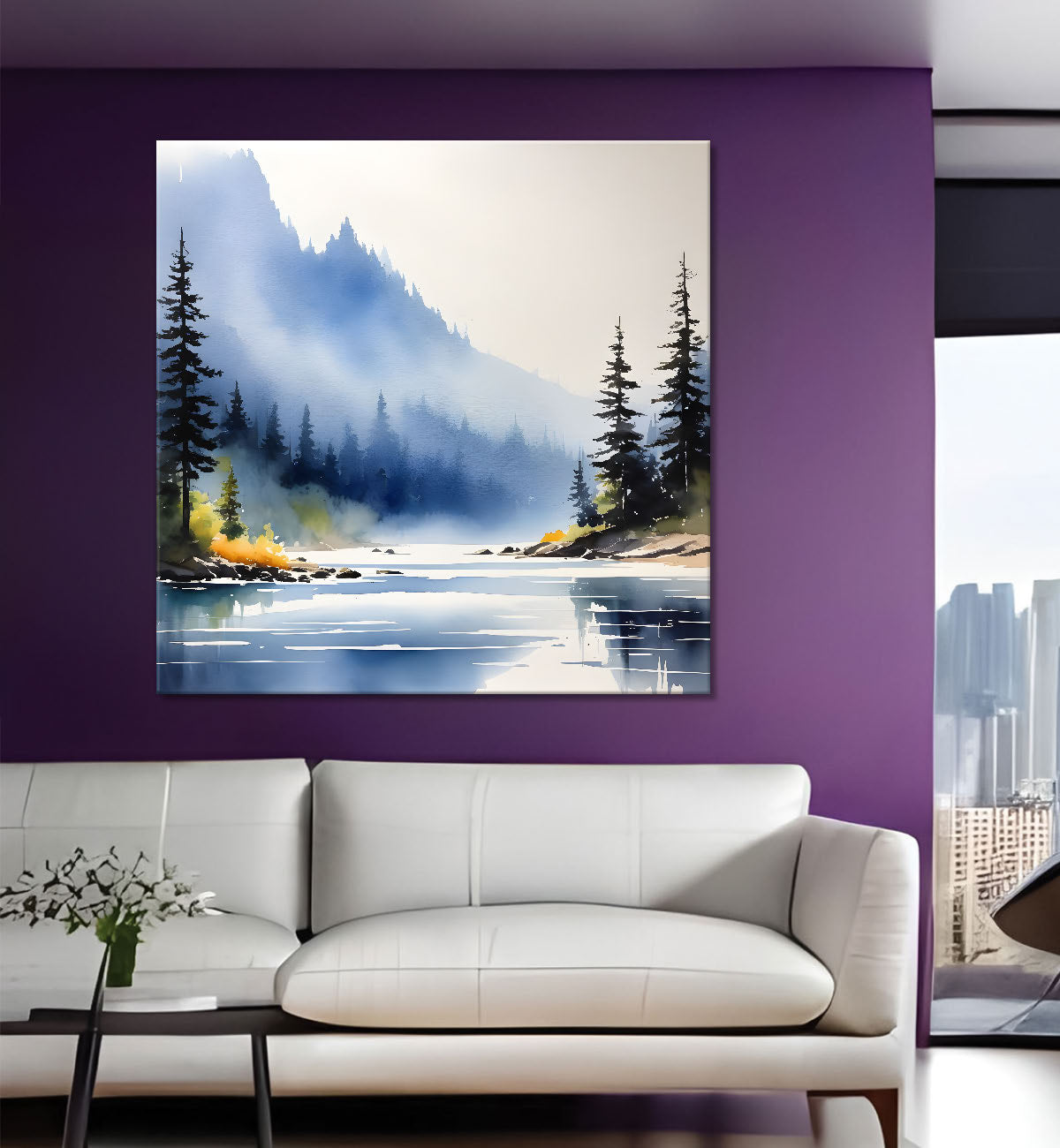 Mountains with trees and river with clouds water colour painting Canvas Painting 24X24- Nature Art -S-54