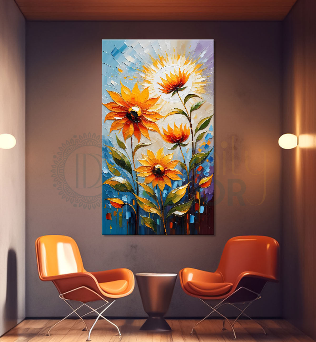 Orange flowers with sun textured painting - Flower-V-54