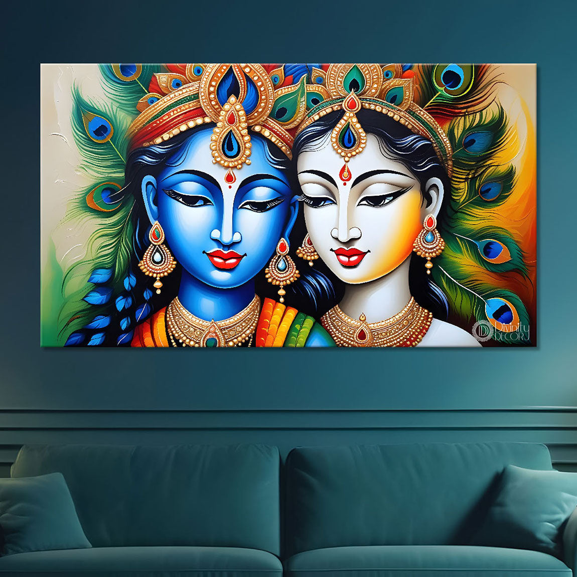 Blue face Krishna and Radha with peacock feathers painting Canvas Painting - Design - Krishna-55