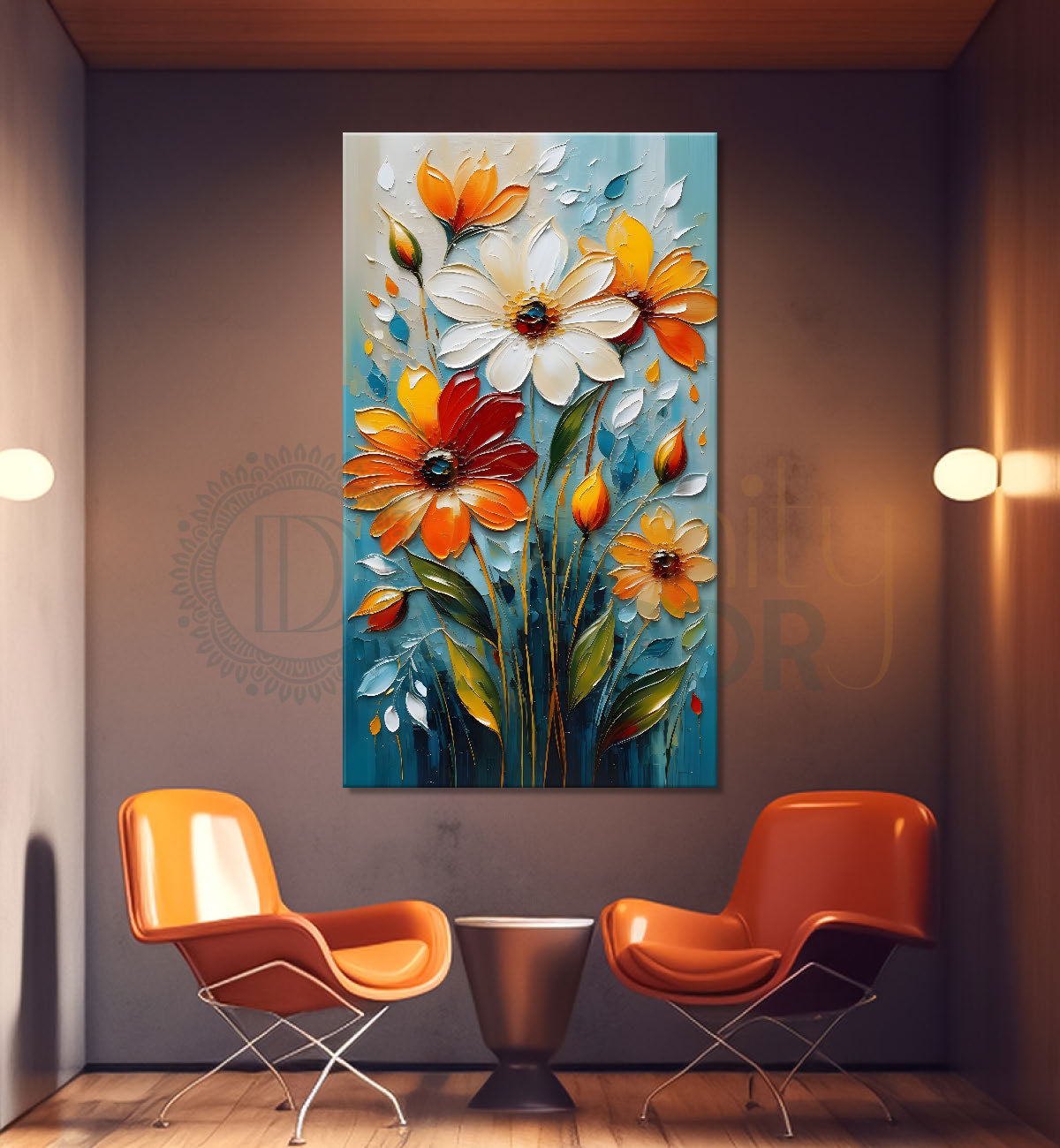 Orange and white flowers in blue textured background painting - Flower-V-55
