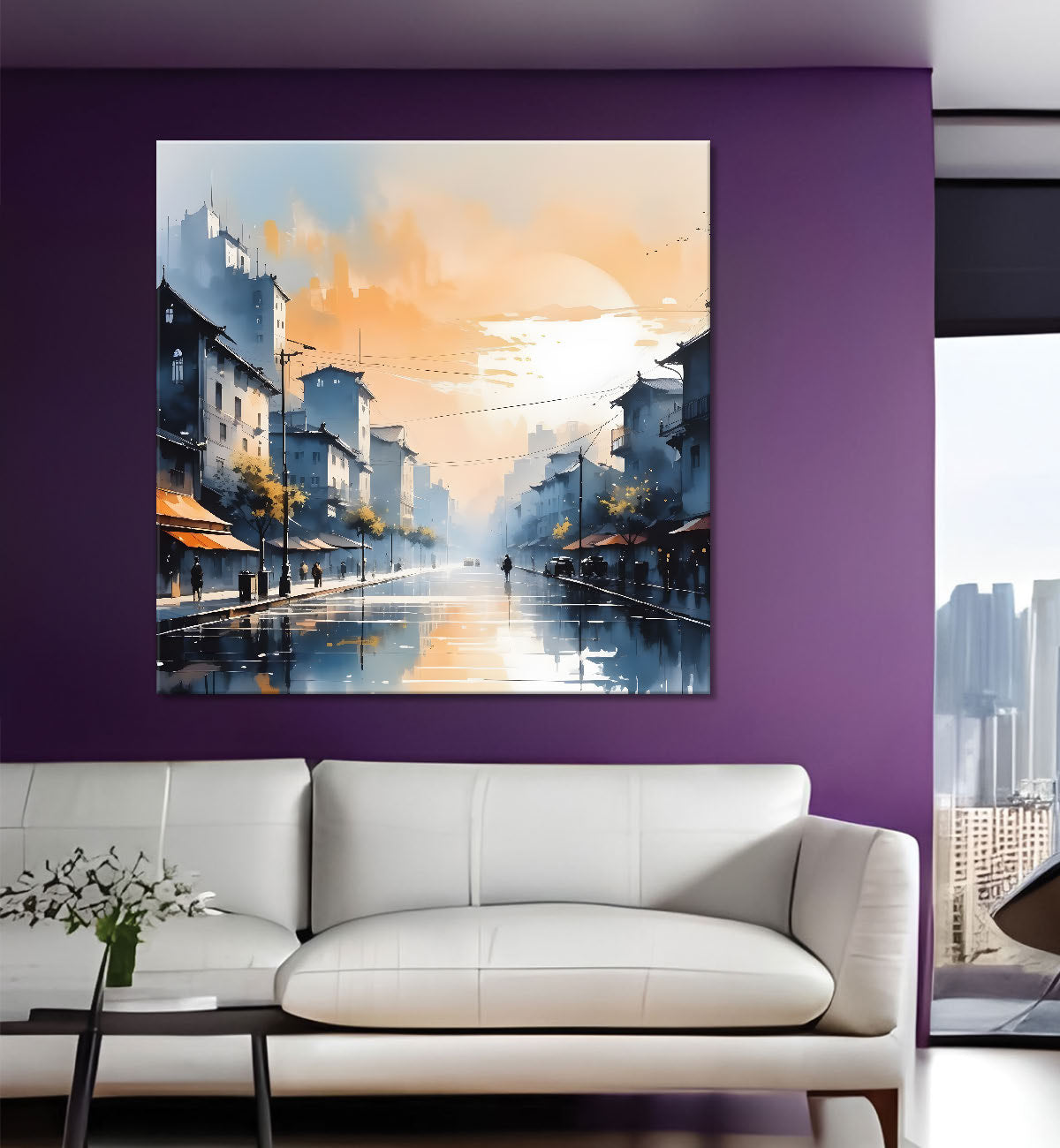 City view in water colour painting Canvas Painting 24X24- Nature Art -S-55