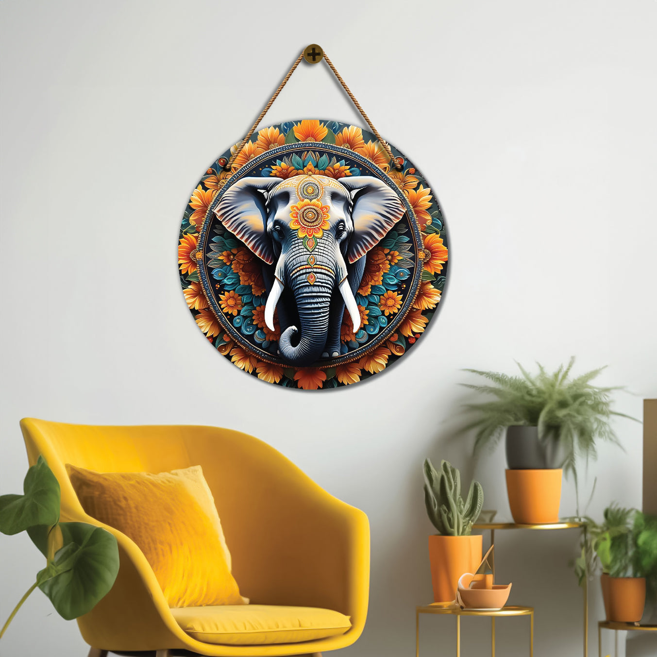 Elephant in orange and blue mandala Round Wooden Wall Hanging for wall Décor - Design - 55