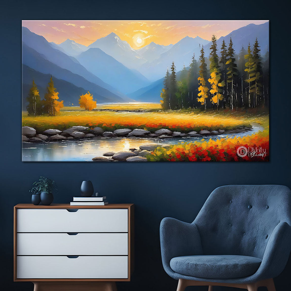 Mountains with colorful trees and lake in textured natural art Canvas Painting - Nature Art -55