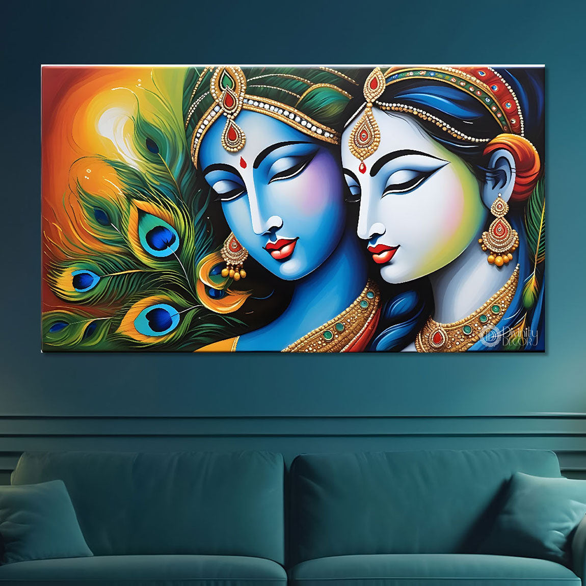 Blue face Krishna and Radha with peacock feathers painting Canvas Painting - Design - Krishna-56