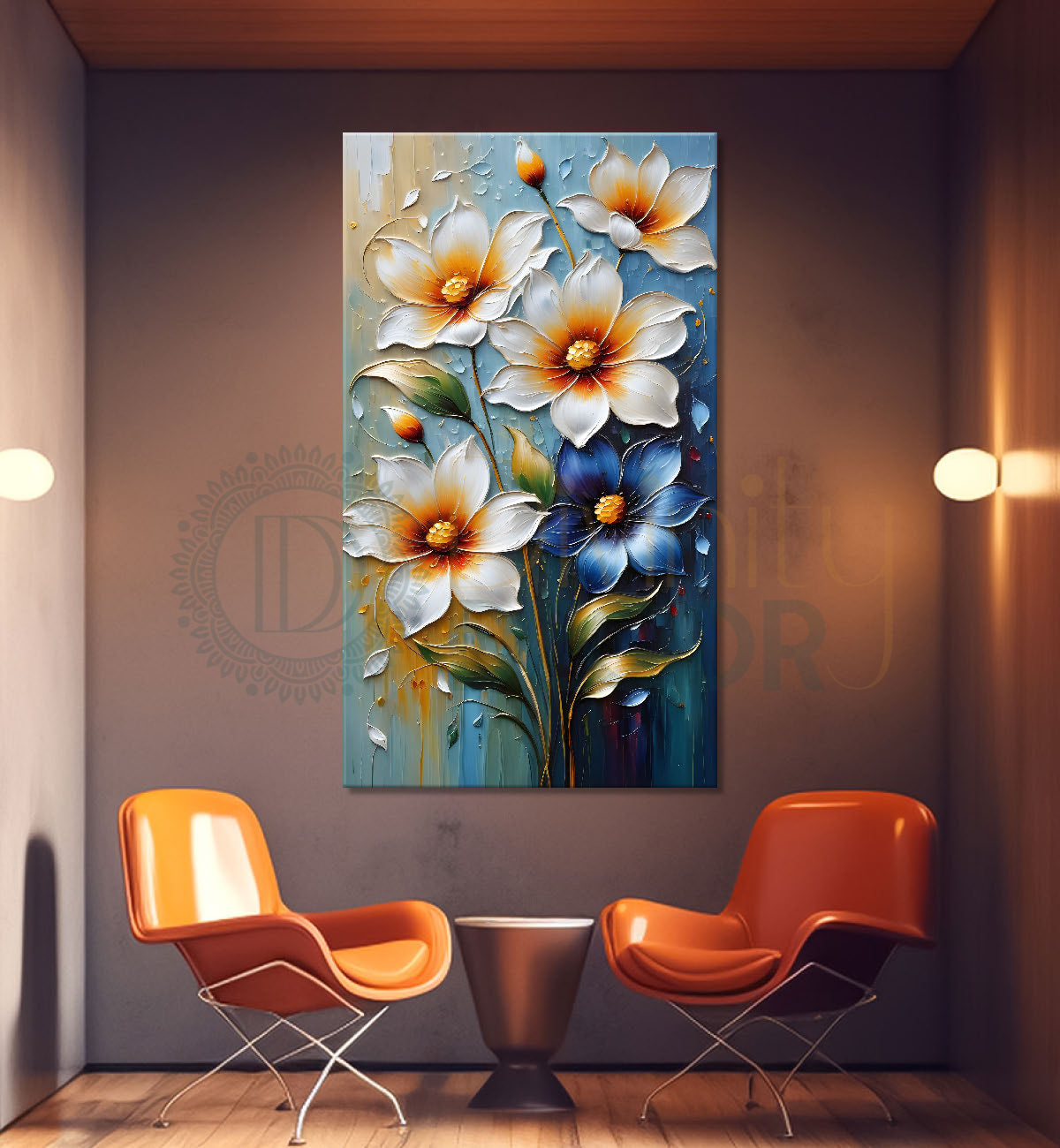 White flowers in blue textured background painting - Flower-V-56