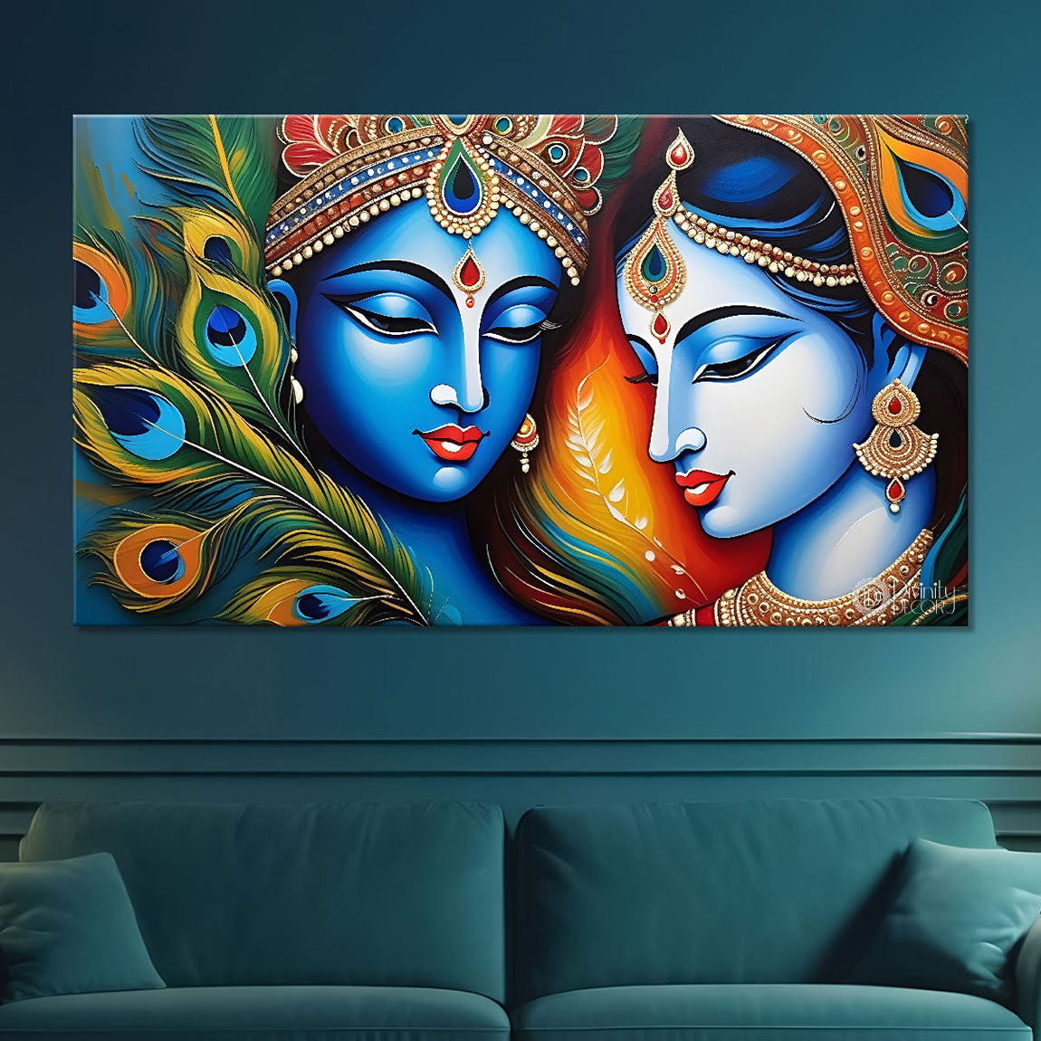 Blue face Krishna and Radha with peacock feathers painting Canvas Painting - Design - Krishna-57