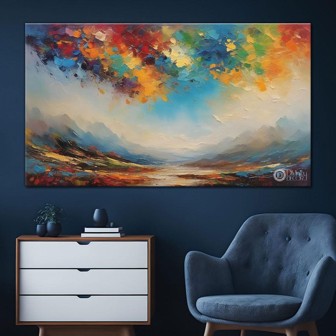 Mountains with colorful sky in textured oil painting Canvas Painting - Nature Art -57