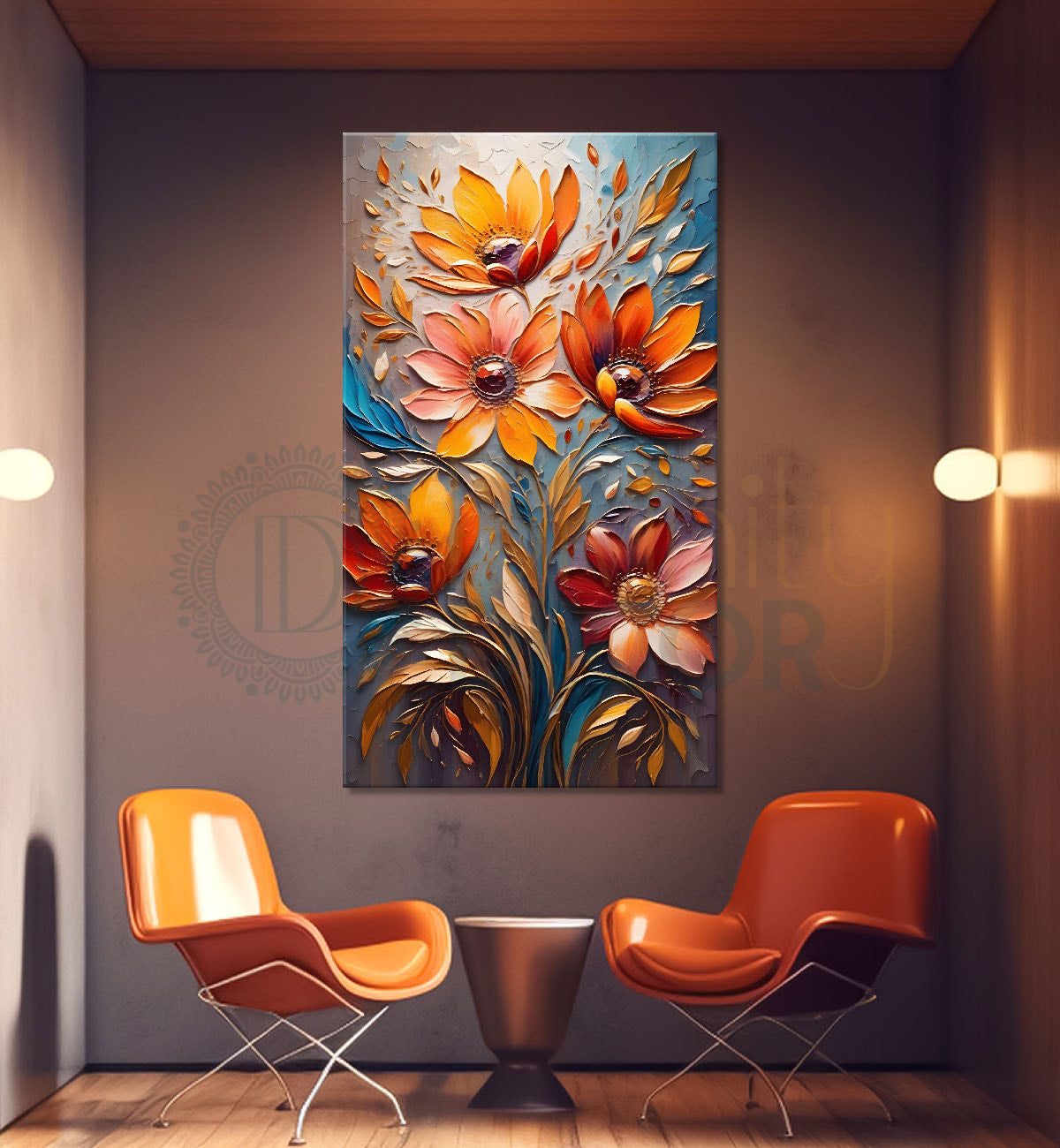 Orange flowers in colourful textured background painting - Flower-V-57