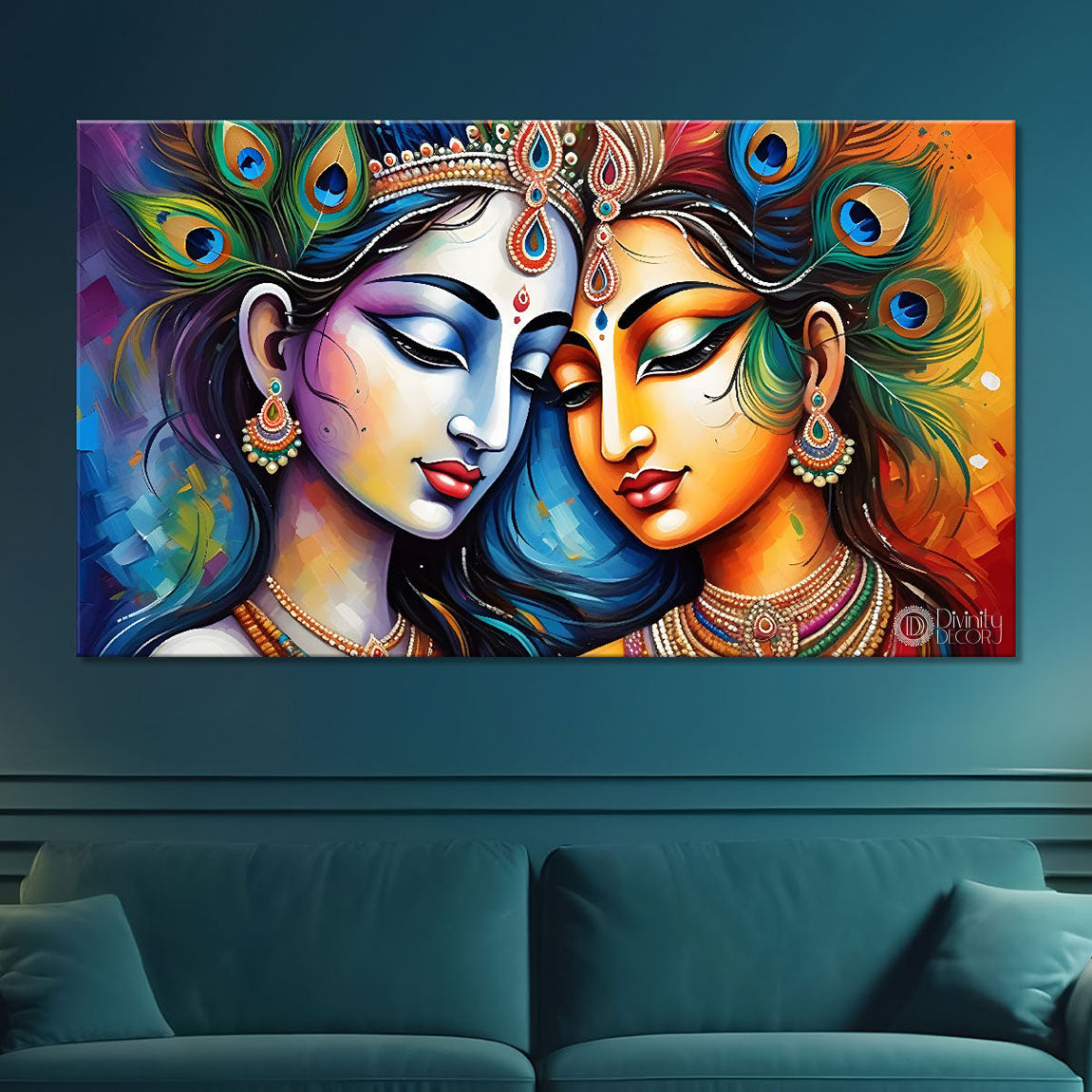 Brown face Krishna and Radha with peacock feathers painting Canvas Painting - Design - Krishna-58