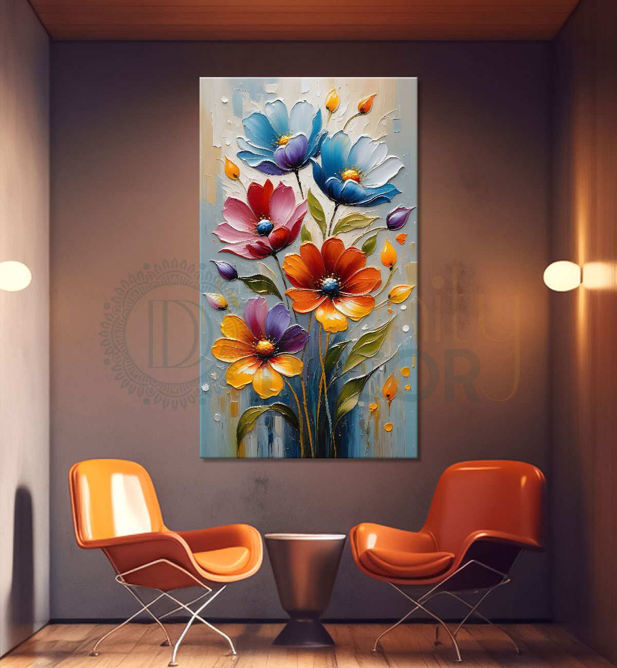 Colourful flowers in grey  textured background painting - Flower-V-58