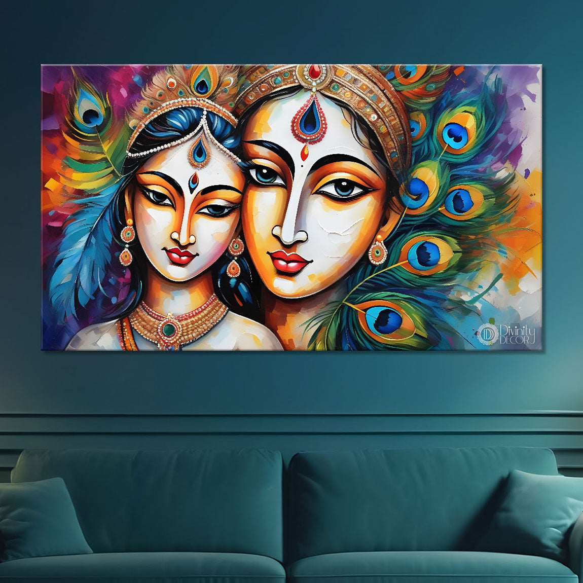Brown face Krishna and Radha with peacock feathers painting Canvas Painting - Design - Krishna-59