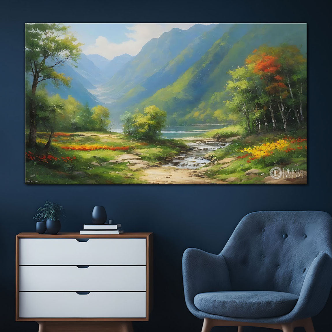 Mountains with greenery in textured natural painting Canvas Painting - Nature Art -59