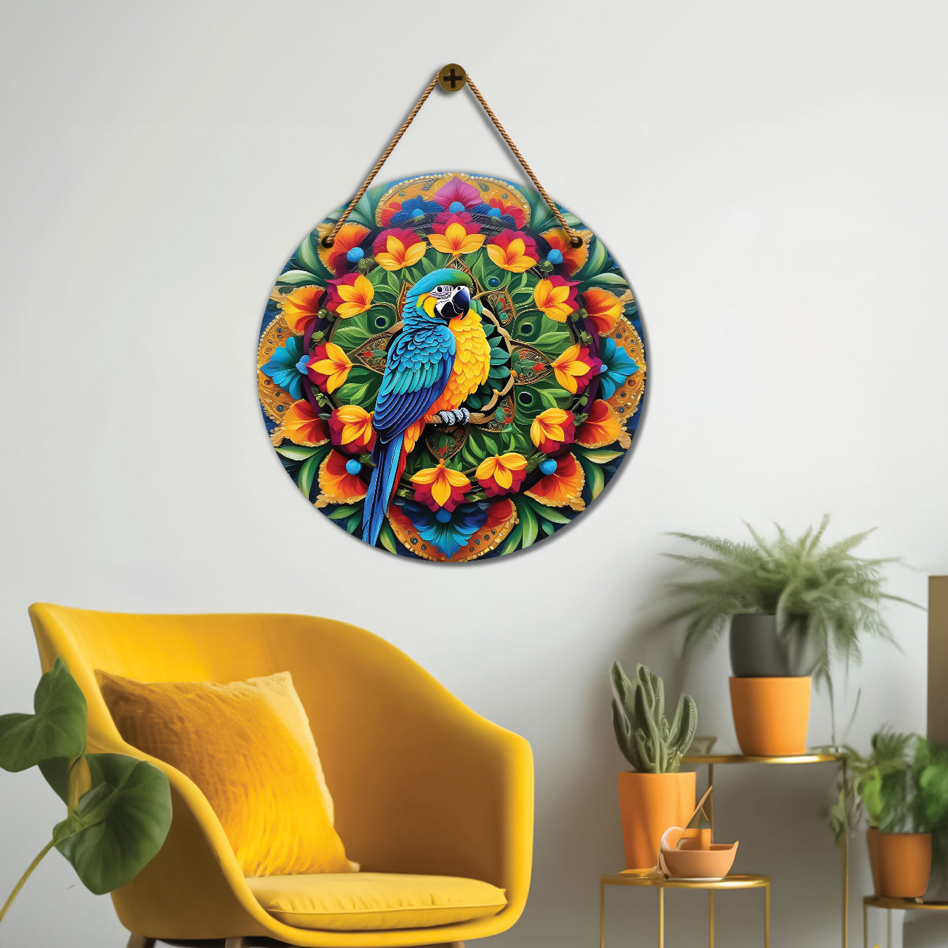 Parrot in floral and green mandala Round Wooden Wall Hanging for wall Décor - Design - 59