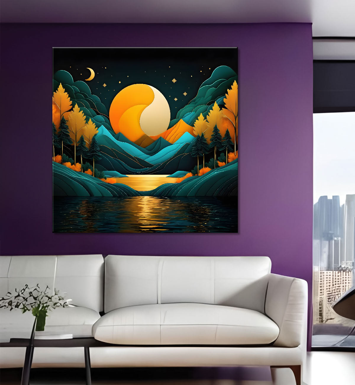 Green mountains with moon and trees painting Canvas Painting 24X24- Nature Art -S-59