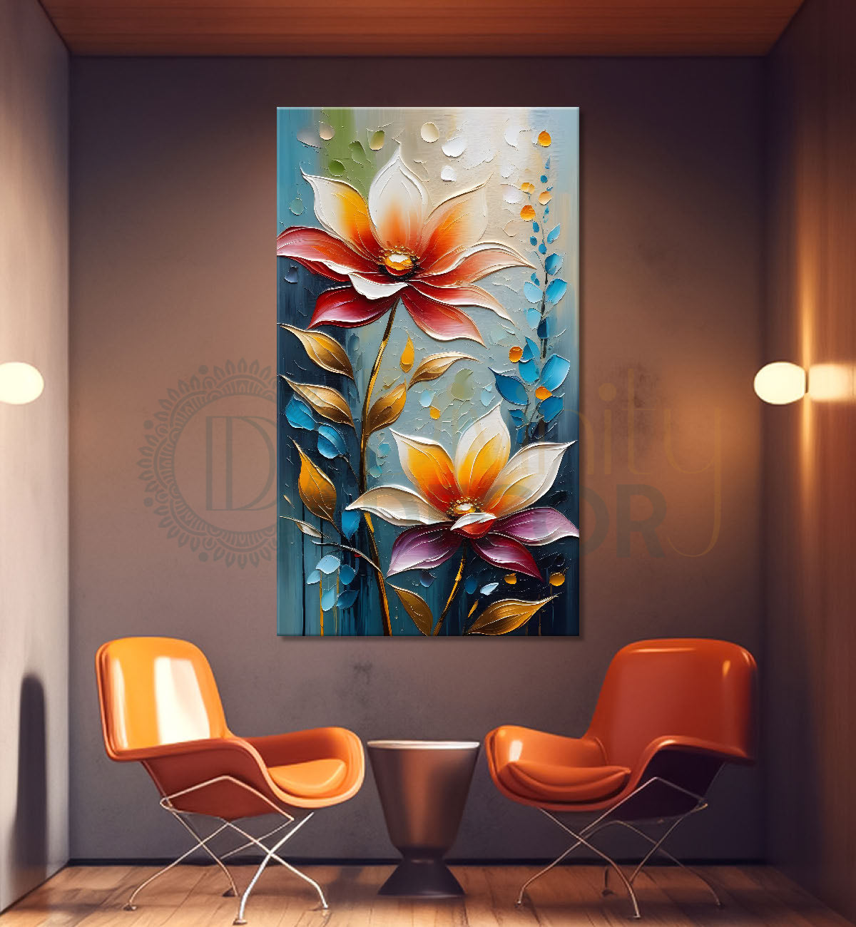 Orange flowers in blue textured background painting - Flower-V-59