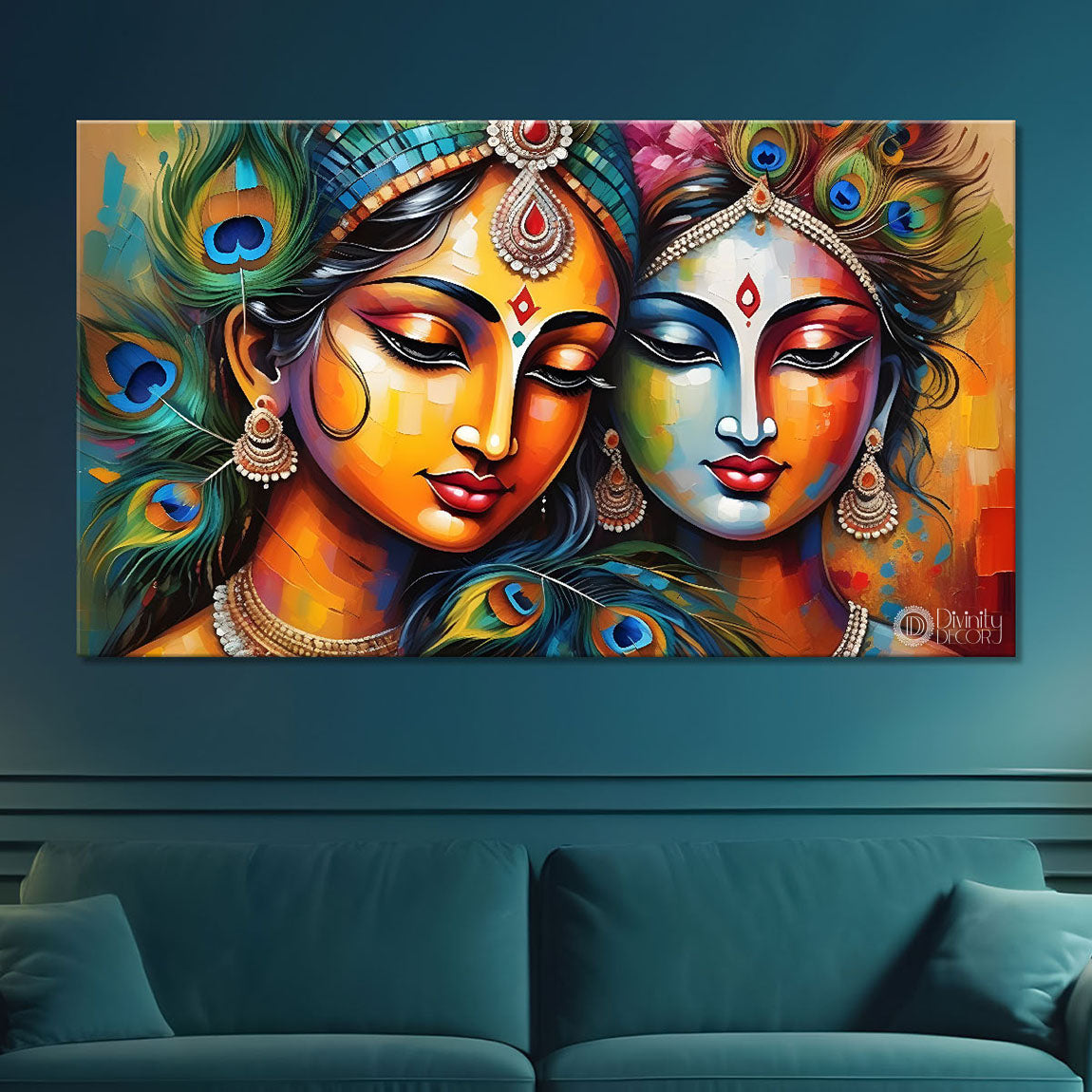 Brown face Krishna and Radha with peacock feathers painting Canvas Painting - Design - Krishna-60